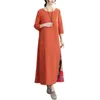 Casual Dresses Women Spring Summer Dress Retro Color Matching Printed A-line Loose Hem Three Quarter Sleeves Maxi