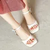 Slippers College Style Summer Summer French Square Toe One Word Women Shoes Strap Sandals High Heel Peep Solid Roman Mid H240325