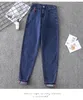 Pantalones vaqueros de Mujer Puños elásticos BoyFriend Mujer parches de cintura alta Pantalones Harem Mujer Pantalones elásticos de mezclilla Pantalones femeninos azul otoño