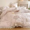 Bedding Sets Pink 1000TC Egyptian Cotton Rose Flowers Embroidery Lace Ruffles Girls Wedding Set Duvet Cover Bed Sheet Pillowcases