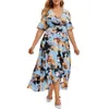 Bohemia plus size dres cintura alta flor impressão rendas até bainha irregular mangas curtas vestido solto verão 2023 240311