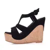 Sandaler Classic Black Wedges Böhmen Style Womens Rope High Heel Fish Mouth On Peep Toe Platform Stor storlek