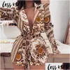 Robe de deux pièces Lessverge Floral Print Gold 2 Set Femmes Blazer Shorts À Manches Longues Sexy Col En V Costume Costume Tenues D'hiver Ensemble Drop Dhoji