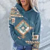 T-shirts voor dames Dames casual geometrische paardenprint met lange mouwen en trekkoord Pullover Tops Etnische stijl sweatshirt met capuchon