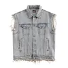 Gilet da uomo 2024 Foro strappato Hip Hop Punk Gilet di jeans lavato effetto baffi Distress Giacca di jeans vintage senza maniche