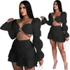 Work Dresses Sexy Bra Bandage Ruffle Skirt Sets Women Lantern Sleeve V Neck Crop Top And Bud Mini Skirts Autumn 2 Piece Club Outfits Clothes