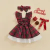 Mädchenkleider Baby Girls Weihnachts -Outfit -Sets fliegender Ärmel geschichtetes Tüll Falten Plaidkleid Stirnband