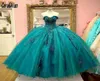 Charro Turquesa Vestidos de quinceañera Apliques de encaje Rebordear Cariño Corte Tren Dulce 16 Vestidos de fiesta Vestidos De Xv Aos24109753015602