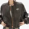 Women's Jackets American Vintage Brown Loose PU Leather Short Blazer Autumn Winter Women Fashion O-neck Zipper Tops Coat Chic Outwear