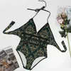 Women's Swimwear Velvet Baroque Print Swimsuit Gold And Green Classic Ruffled One Piece Bodysuit Women Push Up Sexy Beach Wear