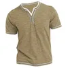 Mens Plain Henley Camisa Redondo Pescoço T-shirt Verão Confortável Algodão Moda Manga Curta Casual Street Wear Sports Top Básico 240305