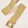 Bälten ihålig ut Square Buckle Belt Classic Golden White Elastic Wide Midjeband Elegant dekorationsklänning Bälte för kvinnor