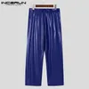 Hommes Pantalon droit couleur unie en cuir PU ample Streetwear taille haute Pantalon bouton élégant décontracté Pantalon INCERUN 240315