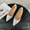 New Designer Sandals Flat Heels Rivets Pointed Shoes Shallow Women Black Patent Leather Red Wedding Shoes with Dust Bag