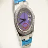 40mm Mens automatic Watches display round purple dial with diamond stainless watch case2662