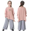 Ethnic Clothing Two Pieces Children Girls Outfits Muslim Islamic Abaya Kaftan Sets Casual Pullover Tops Pants Kids Ramadan Clothes