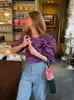 T-shirt da donna Donna Viola Plaid Puff Camicia a maniche corte Moda O-Collo Ruffle Pieghettato Crop Top 2024 Summer Lady Casual Street Loose