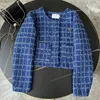 Jaquetas femininas azul pequena fragrância xadrez casaco curto feminino outono manga longa o pescoço casual chique moda feminina tweed elegante jaqueta q588