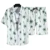 Herrespår män semesterkläder set tropiska blad print hawaiian stil skjorta shorts med elastisk dragkamp midja fickor 2 för