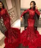 Gorgeous Sparkly Red Mermaid Evening Dresses Sequined with Feathers Long Sleeve African Black Girl Prom Dresses Formal Party Gown5686386