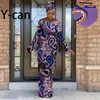 Etnische kleding Afrikaanse trouwjurken voor vrouwen Sexy elegante lange jurk met V-hals Slanke glanzende print Feestavondjurk met tulband 2425067