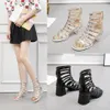 Hip Romeinse stijl Sandalen Hoge hakken Ronde Toe Dikke Heel Shoes Women's Back Zipper Fashion Cutal 240228