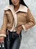 Women's Jackets Fashion Faux Leather Jacket Cropped Tops Fleece Winter Warm Vintage Long Sleeve Coat Lapel Zip Up Outwear With Pockets