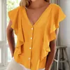 Kvinnors blusar Single Breasted Shirt Stylish V-Neck Ruffle Sleeve Loose Fit Streetwear Tops For Summer Dressy Casual Fashion