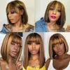 Ombre Highlight Blonde Full Machine Made Wig with Bangs 180% Density Short Bob Straight Non Lace Front Wig Remy Brazilian Hair