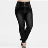 Plus Size Botão Up Skinny Preto Cinza Longo Jeans 4XL 5XL Mulheres Primavera Cintura Alta Estiramento Skinny Fina Denim Calças Senhora Calças 240315