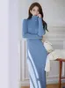 Sonbahar Kış Beyaz Kazak Elbiseler Moda Kadın Siyah Siyah Kollu Sıska Sıska Sırgalı Mavi Blubtleneck Kintted Sarma Kalça Elbise Kadınlar 240309