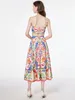 Work Dresses Summer Bohemian Baroque Two Piece Set Women Floral Printed Short Cup Padded Golden Buttons Crop Tops High Waist Long Skirt Suit