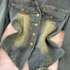 Женские брюки из двух предметов, джинсовый комплект с длинными рукавами, корейская версия, однобортная джинсовая куртка с v-образным вырезом, повседневная прямая прямая с высокой талией