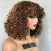 Saçak peruk derin dalga insan saç perukları patlamalar 200 yoğunluk 99j kahverengi renkli peruklar kısa kıvırcık bob peruk tam makine remy saç