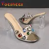 Klänningskor Fashion Color Diamonds Slippers Summer Sexy Lady Transparent PVC Sandals 2022 Ny 9cm Crystal Square Toe High Heel Womens H240325