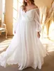 Elegant Long Sleeve Ivory Organza Garden Wedding Dresses A-Line Plus Size Pleated V-Neck Floor Length Zipper Back Bridal Gowns for Women