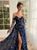 Navy Sexy Blue Evening Dresses Sweetheart Side Split Prom Gowns Sparking Shining Stars Formal Dress Without Long Gloves