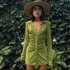 Casual Dresses Turn-Down Collar Green Women Shirt Club Party Long Sleeve Button Mini Dress Holiday 2022 Spring Streetwear