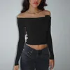 Gaono Damen-Strick-Blumen-Decro-Crop-Tops, Basic, einfarbig, schulterfrei, langärmelig, T-Shirts, abgeschnittener Pullover, Cottage-Streetwear 240320