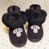 Boots Black Cow Suede Women Ankle Handmade Rhinestones Real Rabbit Fur Sweet Ladies Snow Thicken Plush Warm Winter Shoes