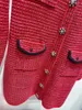 Vestidos casuais elegante senhora vermelho tweed vestido vintage quatro bolso manga longa malha primavera 2024 cintura alta vestidos de lã para mulheres
