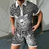 Herrspårar 2024 Summer Tracksuit 3D Printed Leopard Grain Polo Shirtshorts Set Casual Wlick Down Collar T-Shirt Suit for Mane Clothes