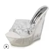 Sapatos de vestido de alta qualidade lazer mulheres chinelos verão transparente cristal modelo passarela casamento de salto alto 14cm cunhasjt06 h240321