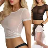 Dames T-shirts Sexy damesshirt See Through Mesh Sheer Tank Crop Top Vest Vrouwelijk Gaas Slank T-shirt Clubkleding Transparante blouse