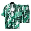 Herrespår män semesterkläder set tropiska blad print hawaiian stil skjorta shorts med elastisk dragkamp midja fickor 2 för