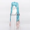 Perruques magiques Miku longues bleu dégradé rose cheveux synthétiques Cosplay Costume perruques puce queues de cheval amovibles + bonnet de perruque