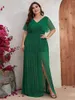 Vestidos plus size europeus e americanos, vestido grande transfronteiriço com mangas morcego, decote em v pequeno, verde, elegante, fenda longa