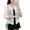 Women's Knits Women Knit Lace Shrug Hollow Crochet Floral 3/4 Sleeve Open Front Crop Cardigan Drop Ship