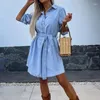 Robes décontractées Été Printemps Chemise à manches longues Robe de mode Col rabattu Couleur unie Courte Taille haute à lacets Denim A-ligne