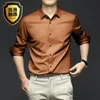 High Quality Orange Mens Long Sleeve Shirt Luxurious Wrinkle Resistant Non Ironing Solid Business Casual Dress S5XL 240307